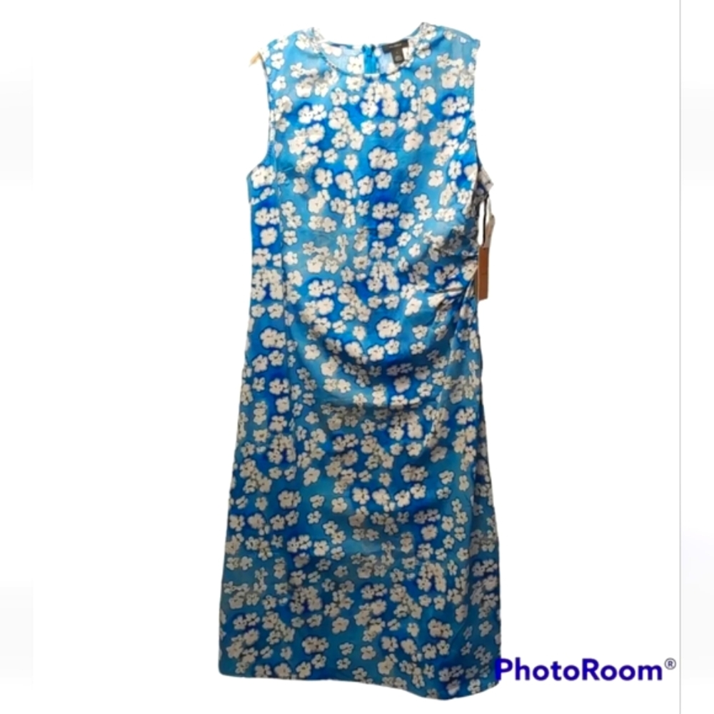 Halogen Hawaiian Maxi Dress  Coastal Tropical Ruched Blue Sun Dye Blooms L New
